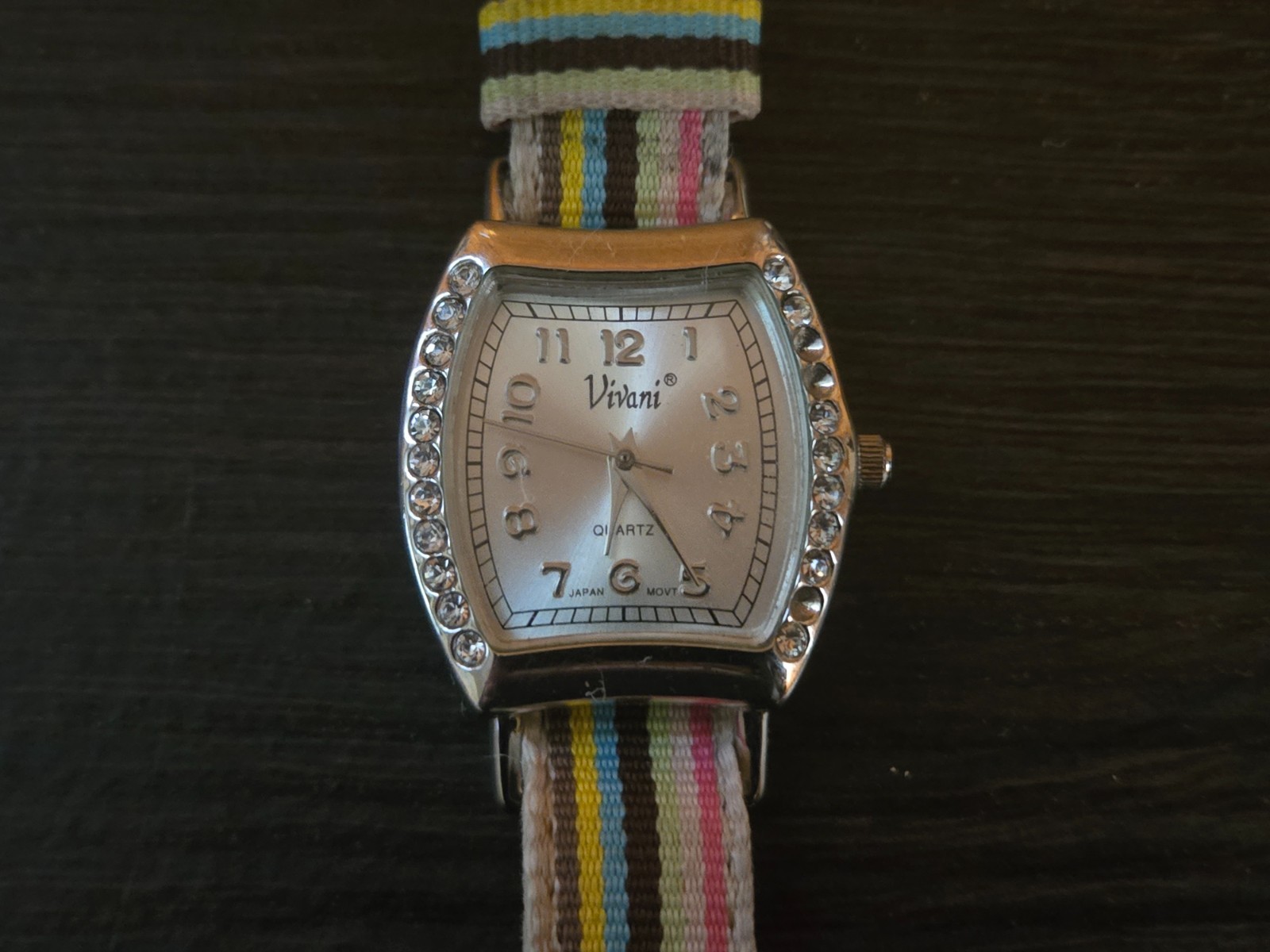 Vivani Quartz Watch Rhinestone Bezel Colorful Strap Curved Case Fashion