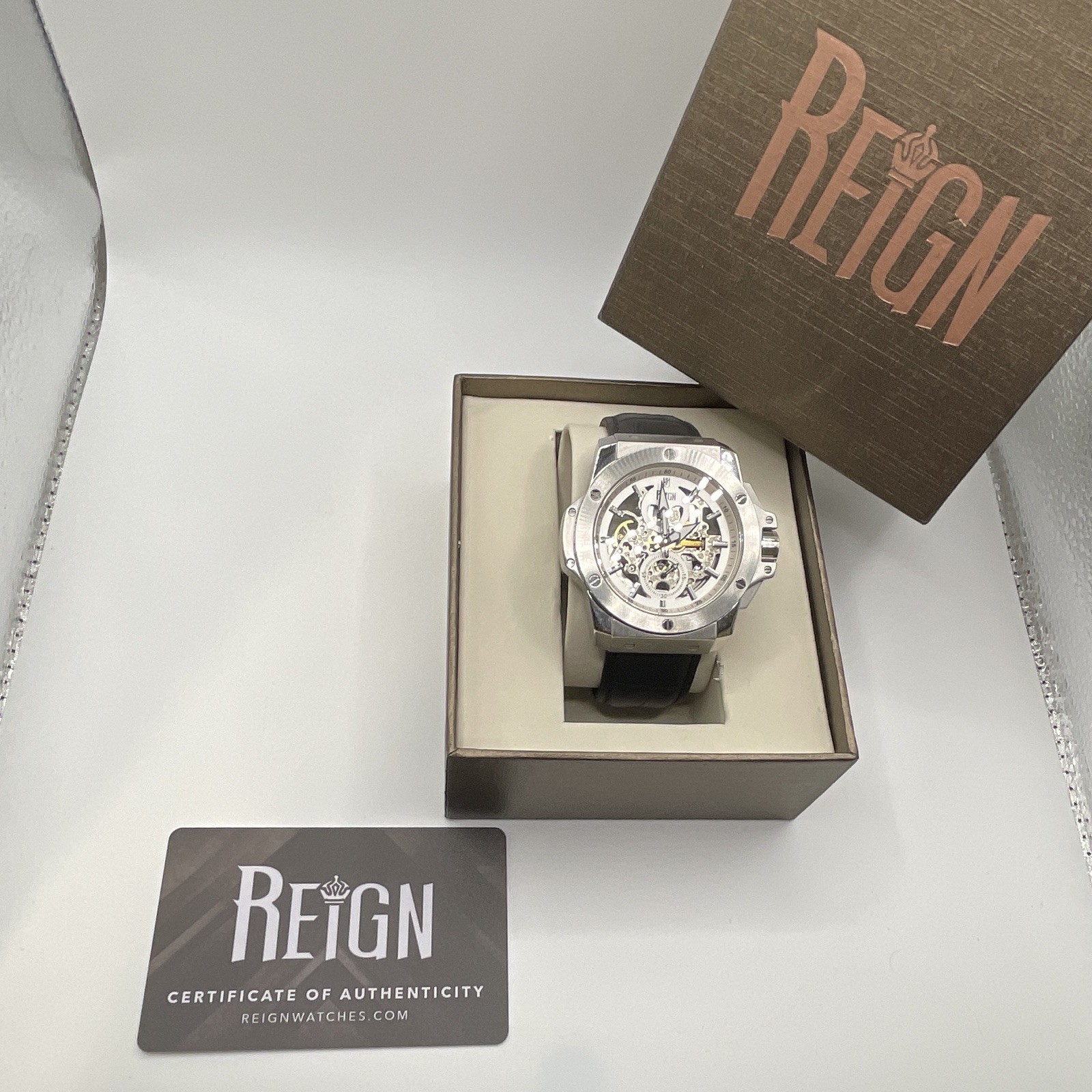 Reign Men’s Automatic Skeleton Dial Silver Tone Black leather Strap