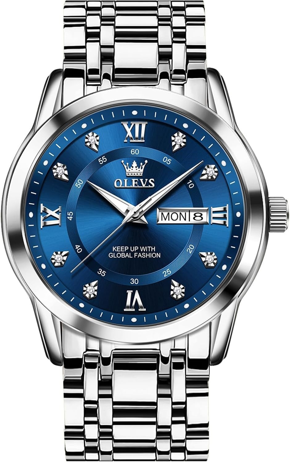 Men’s Large Face Stainless Steel Quartz Watch with Day Date & Diamond Indices